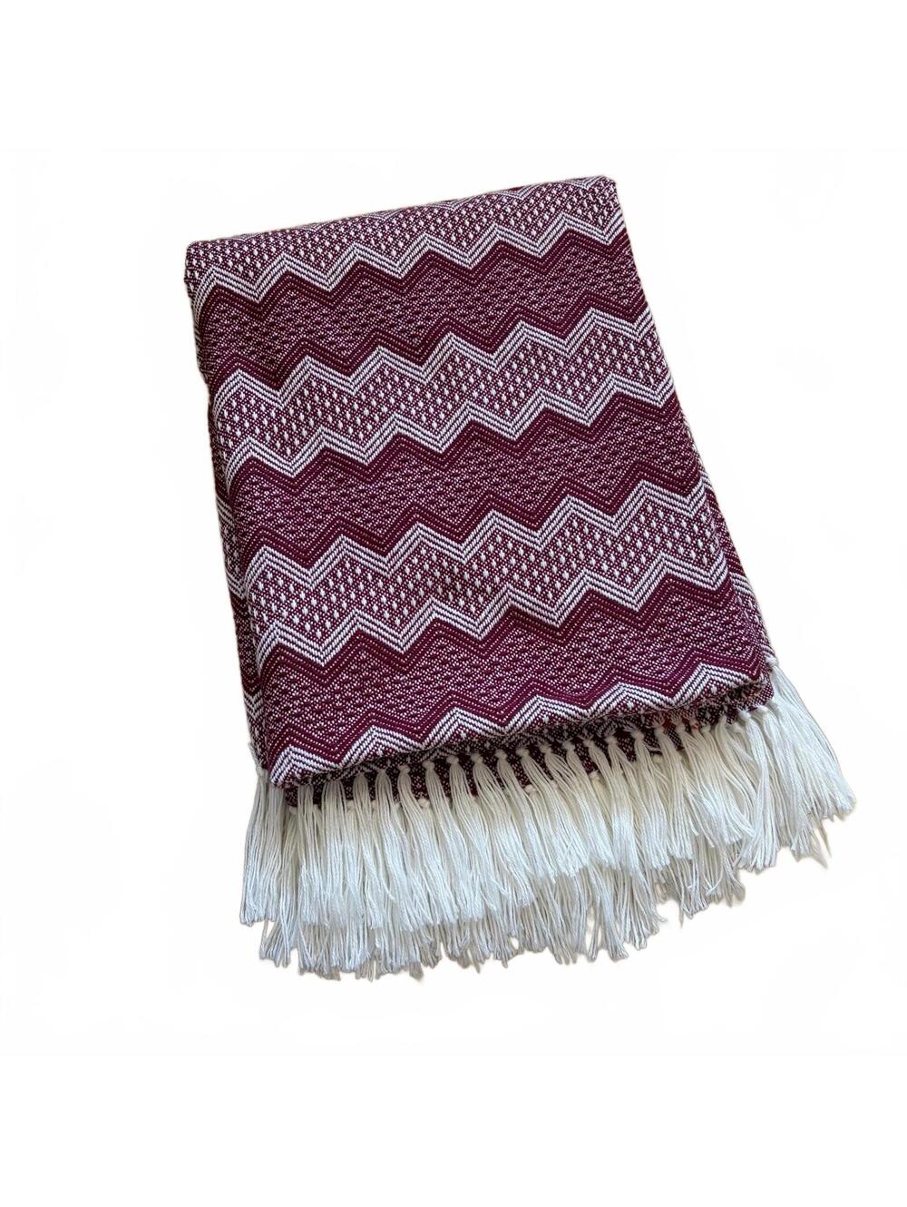Bolivia Alpaca Wool Throw Blanket Fringe Chevron Knit Red 53"x70"